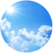 Small round picture of the sky with sun and clouds